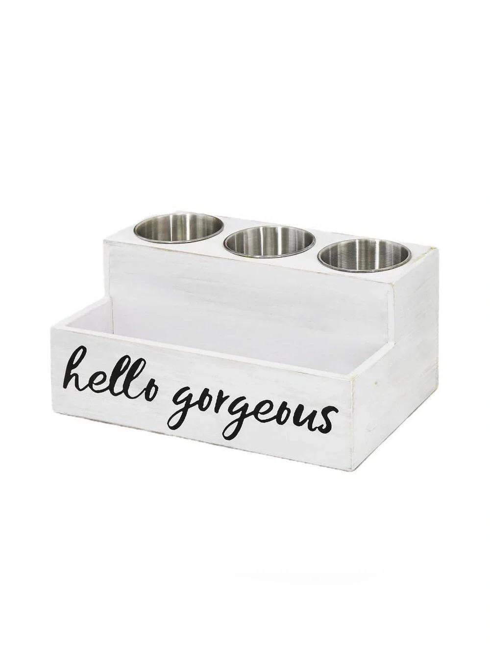 Hello Beautiful White Rustic Wood Organizer with 3 Stainless Cups